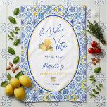Mediterranean Tile Custom Newlywed Geschirrtuch<br><div class="desc">A kitchen towel for newlywed home featuring Mediterranean tile patterns, elegant script calligraphy, and a playful watercolor gelato ice cream design. Inspired by Italian coastal home decor and the sunny charm of the Amalfi Coast, this modern stylish kitchen towel captures the spirit of la dolce vita with bright blue and...</div>