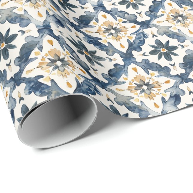 Mediterranean Tile Gift Wrap, Blue and Gold Geschenkpapier (Rolleneckpunkt)