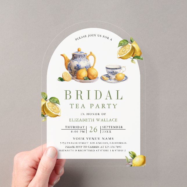 Mediterranean Tile Lemon Tea Party Bridal Shower Acryleinladungen (Insitu (Handheld))