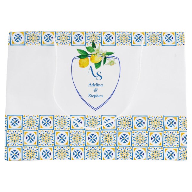 Mediterranean Tiles Italy Blue Wappen Lemon Weddin Große Geschenktüte (Vorderseite)