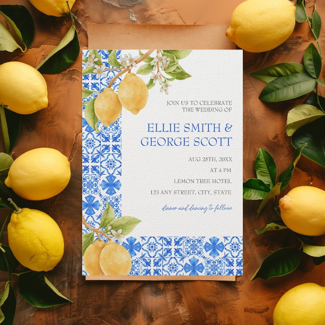Mediterranean Tiles Lemon Citrus Italien Wedding Einladung (That's Amore Amalfi Italian Coast Destination Wedding Lemons & Blue Mediterranean Tiles Invitation)