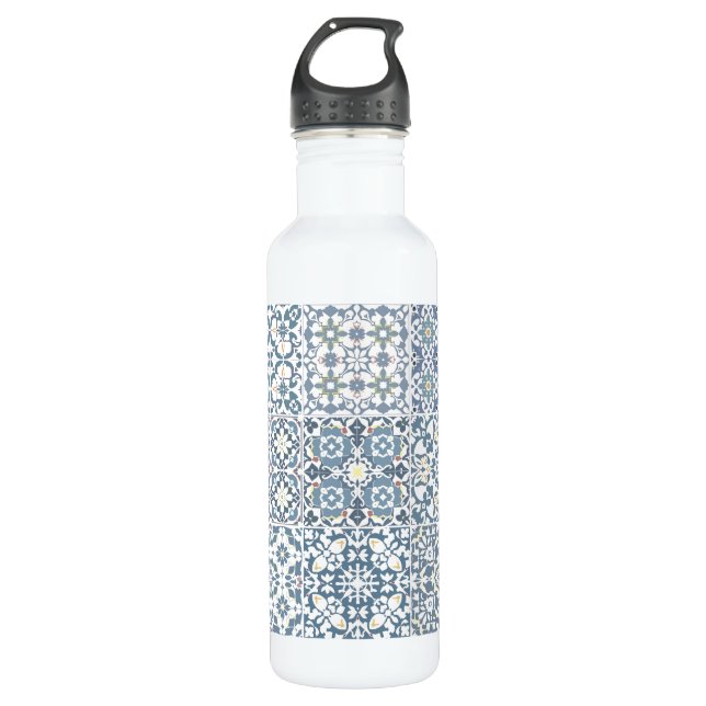Mediterranean Tiles, Moroccan, Majolica, Azulejo Edelstahlflasche (Vorderseite)