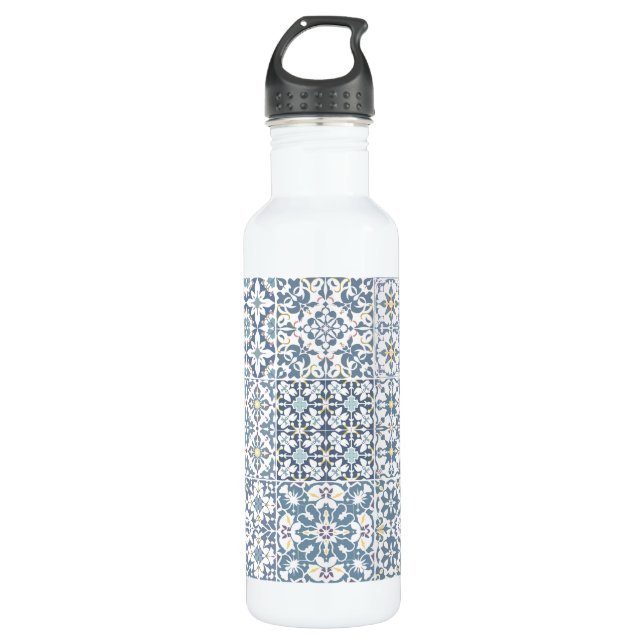 Mediterranean Tiles, Moroccan, Majolica, Azulejo Edelstahlflasche (Vorderseite)