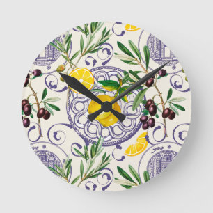Mediterranean,Tuscan style,olives,pattern Runde Wanduhr