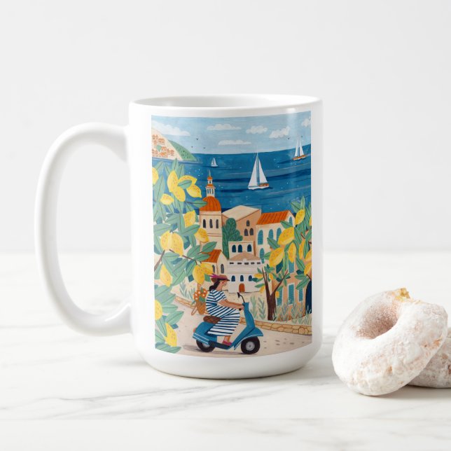 Mediterranean Woman Scooter Illustration Coffee Kaffeetasse (Mit Donut)