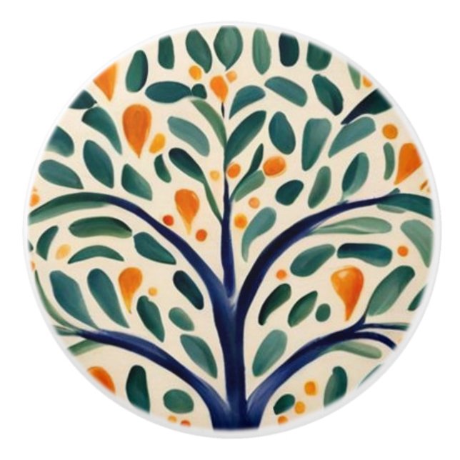 Mediterraner Baum Rustikale Kunst, Grün und Gelb Keramikknauf (Vorderseite)