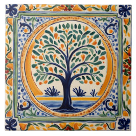 Mediterraner Baum Rustikales Blau und Gelbe Folk K Fliese