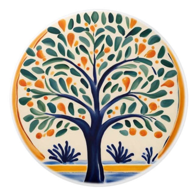 Mediterraner Baum Rustikales Blau und Gelbe Folk K Keramikknauf (Vorderseite)