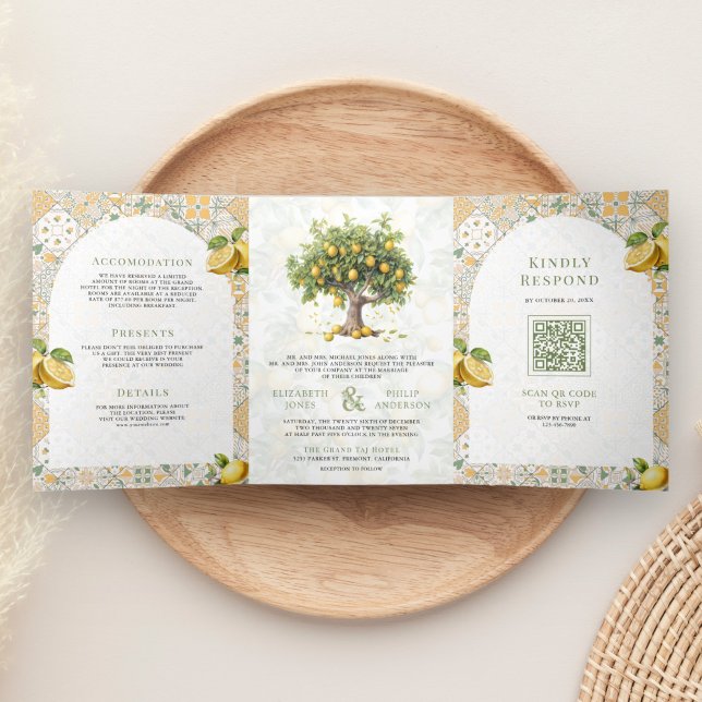 Mediterraner Zitronenbaum auf einer Hochzeit Dreifach Gefaltete Einladung (Von Creator hochgeladen)