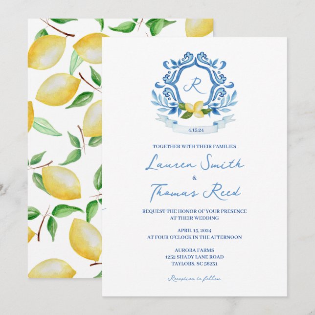 Mediterranes Aquarellblau mit Lemons Wedding Einladung (Vorne/Hinten)