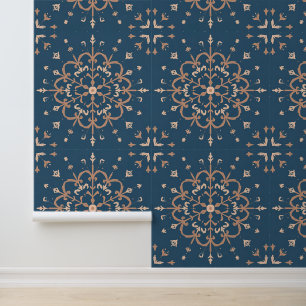 Mediterranes Blau und Tan Medallion Muster Tapete
