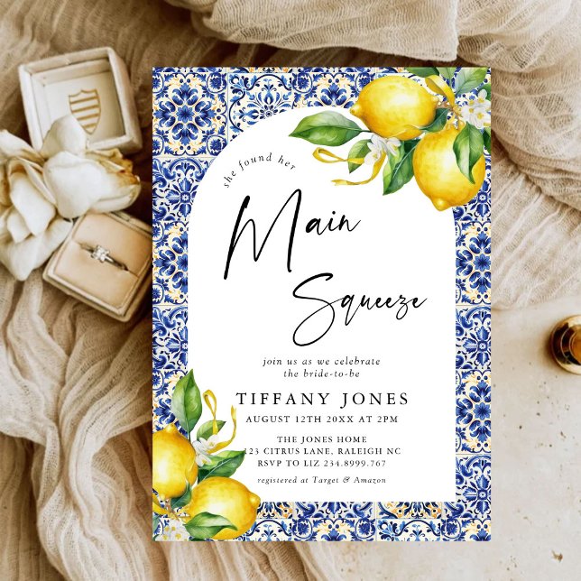 Mediterranes blaues Tiles Lemons Arch Brautparty Einladung (Von Creator hochgeladen)