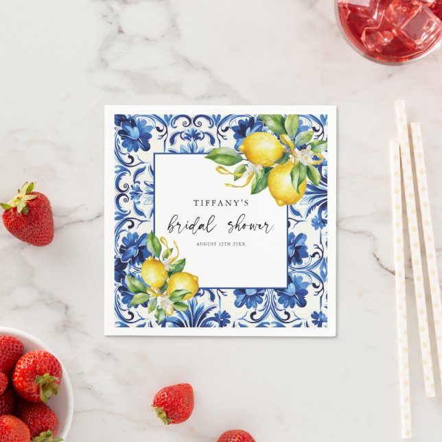 Mediterranes blaues Tiles Lemons Brautparty Nicker Serviette (Beispiel)