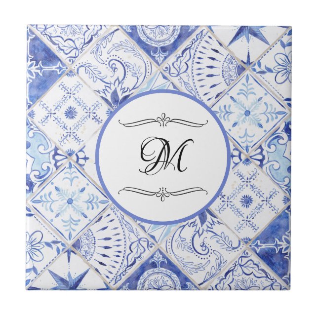 Mediterranes Blaues Weiß Vintage Küche Monogramm Fliese (Vorderseite)