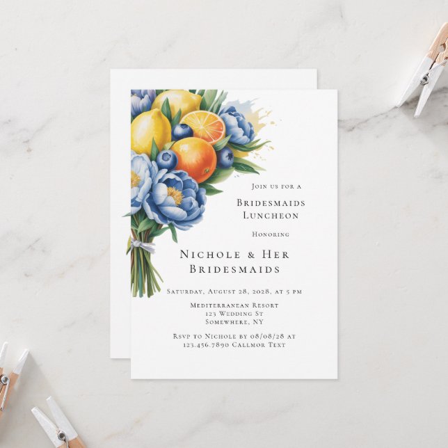 Mediterranes Citrus Bouquet Bridesmaids Luncheon Einladung (Vorderseite/Rückseite Beispiel)