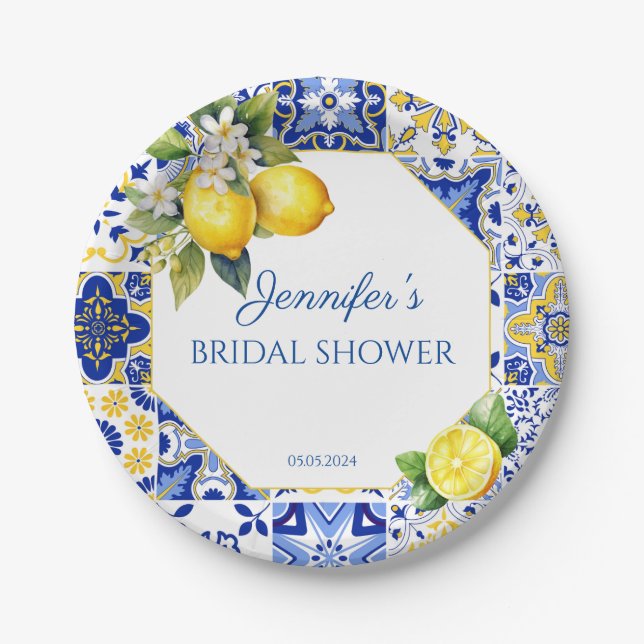 Mediterranes Lemon Blauer Tile Amalfi Brautparty Pappteller (Vorderseite)