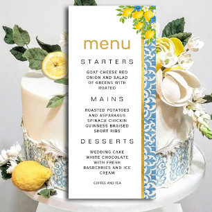 Mediterranes Lemon & Blue Tile Hochzeitmenü Einladung