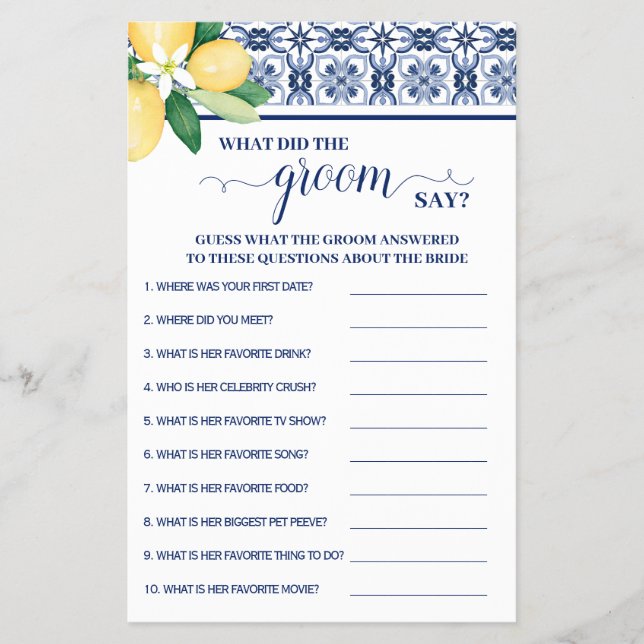 Mediterranes Was hat Groom Say Dusche Game Card Flyer (Vorne)