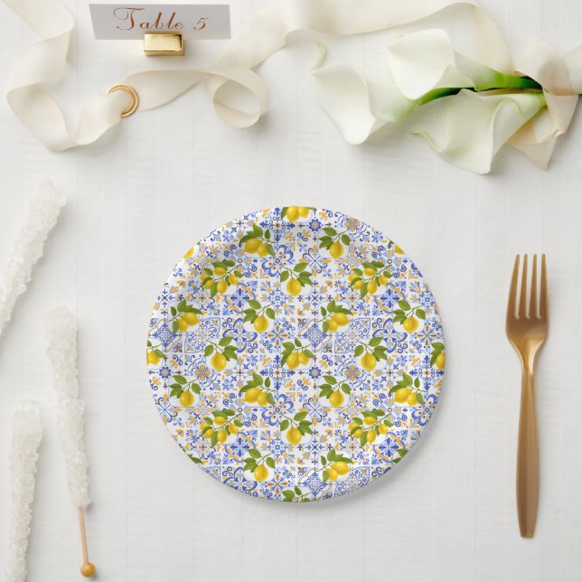 Mediterrenean Citrus Lemon pattern Pappteller (Hochzeit)