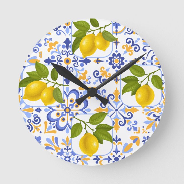 Mediterrenean Citrus Lemon pattern Runde Wanduhr (Vorderseite)