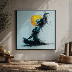 Meditierende Frau Golden Moon Yoga-Pose  Leinwanddruck