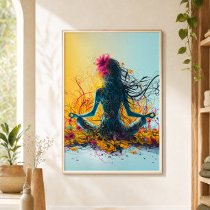 Meditierende Frau Lotus-Yogastellung Bunte Blumen Poster