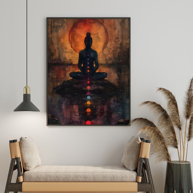 Meditierende Frauen Sonnenuntergang Poster (Meditating Woman Sunset Sea Painting Poster on a boho living room.)
