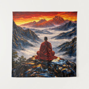 Meditierender Mönch im Berg Sonnenuntergang Wandteppich