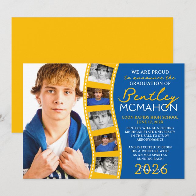Medium Blue Gold Foto Filmstrip Grad Bekanntgabe Einladung (Vorne/Hinten)