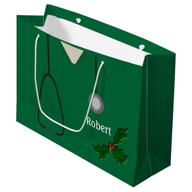 Medizin-Scrubs Green Holly Lg Geschenktasche Große Geschenktüte (Vorderseite Schrägansicht)