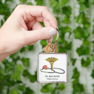 Medizinischer Caduceus Gold & Stethoskop mit Herz Schlüsselanhänger