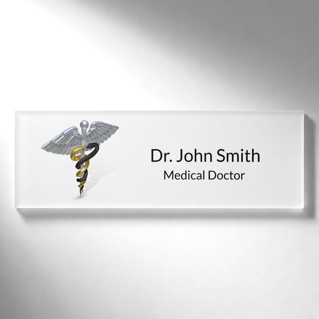Medizinisches silbernes Caduceus-Schwarz-Gold - Namenschild (Vorderseite)