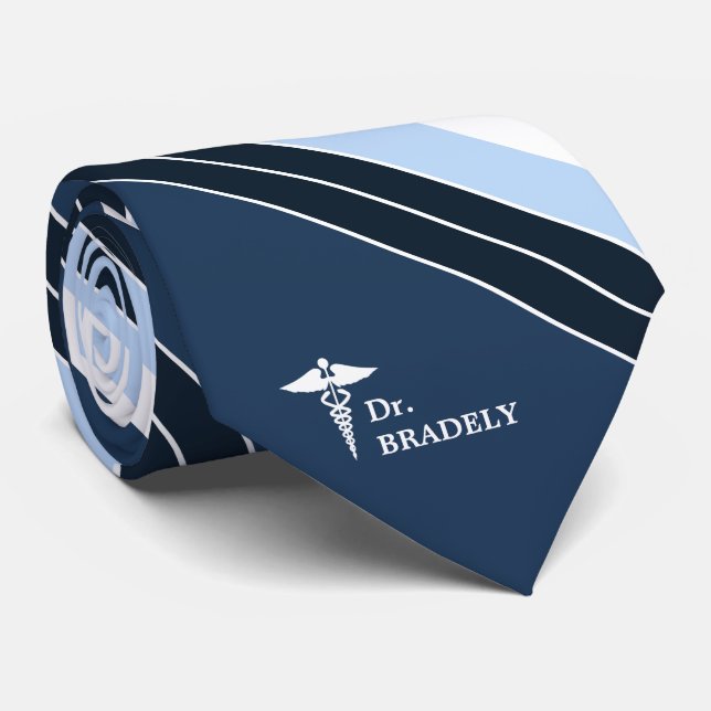 Medizinisches Symbol-Name-Marine-Blau Striped Krawatte (Gerollt)
