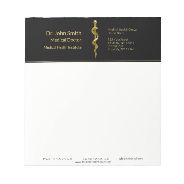 Medizinstudium des Asclepius Gold auf schwarz Notizblock (Vorderseite)