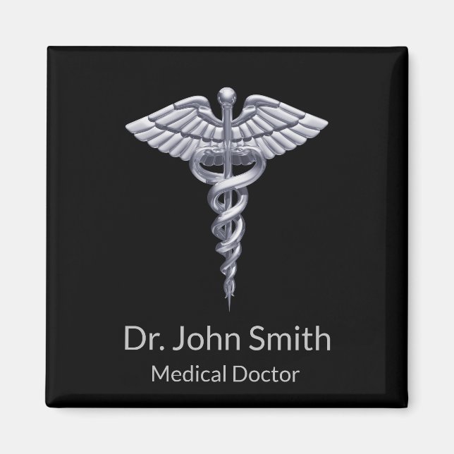 Medizinstudium Silver Caduceus auf schwarz Magnet (Vorne)