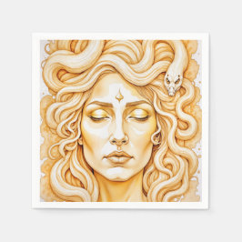 Medusa Ancient Goddess Portrait in Rich Yellow Serviette