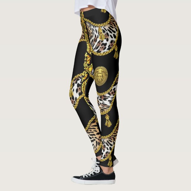 Medusa Exotica Leopard und Gold Tassel Black Leggings (Links)