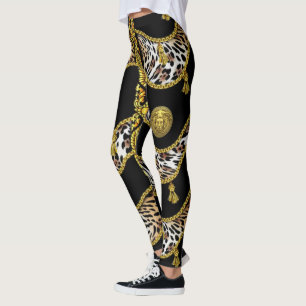 Medusa Exotica Leopard und Goldquaste Schwarz Leggings