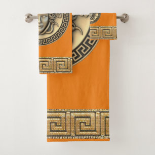 Medusa Golden Gorgon griechischer Schlüssel Orange Badhandtuch Set