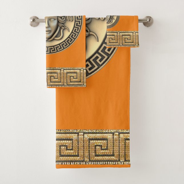 Medusa Golden Gorgon griechischer Schlüssel Orange Badhandtuch Set (Insitu)