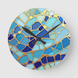 Meer der Wellen Blaue und goldene Mosaik-Fine-Art Runde Wanduhr