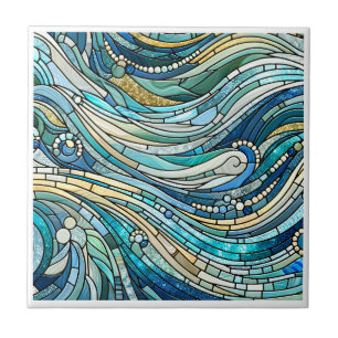 Meer der Wellen Teal-Mosaik-Kunst Fliese
