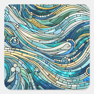 Meer der Wellen Teal-Mosaik-Kunst Quadratischer Aufkleber