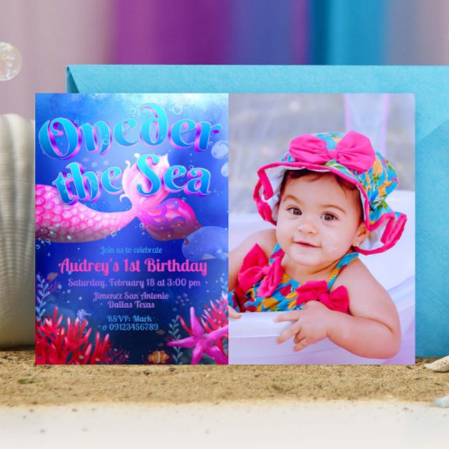 Meer mit Foto Landschaft Einladung (Oneder the Sea - Girl Mermaid 1st Birthday Landscape Invitation with Picture)
