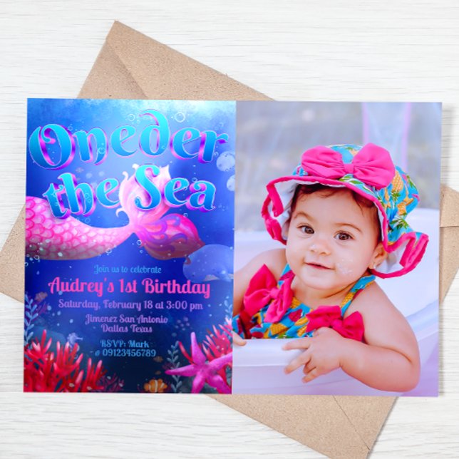 Meer mit Foto Landschaft Einladung (Oneder the Sea - Girl Mermaid 1st Birthday Landscape Invitation with Picture)