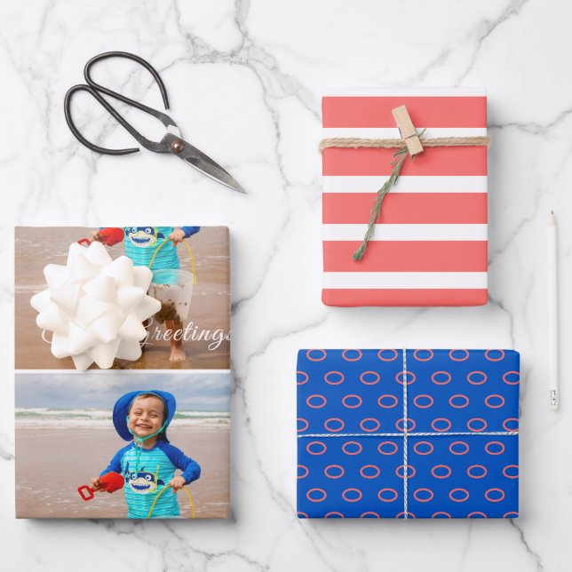 Meer und Grüße Costal Blue Coral Foto Geschenkpapier Set (Vorderseite)