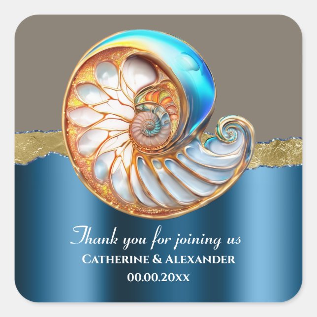 Meerblauer Gold Conch Shell Dankeschön Quadratischer Aufkleber (Vorderseite)