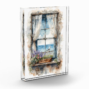 Meerblick aus dem Fenster Aquarell-Küstenlandschaf Fotoblock