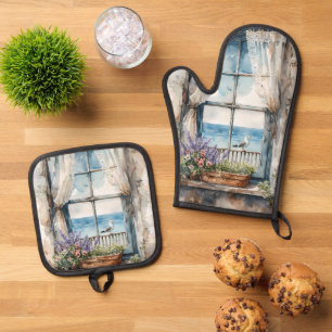 Meerblick aus dem Fenster Aquarell-Küstenlandschaf Ofenhandschuh & Topflappen-Set
