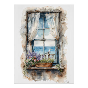 Meerblick aus dem Fenster Aquarell-Küstenlandschaf Poster